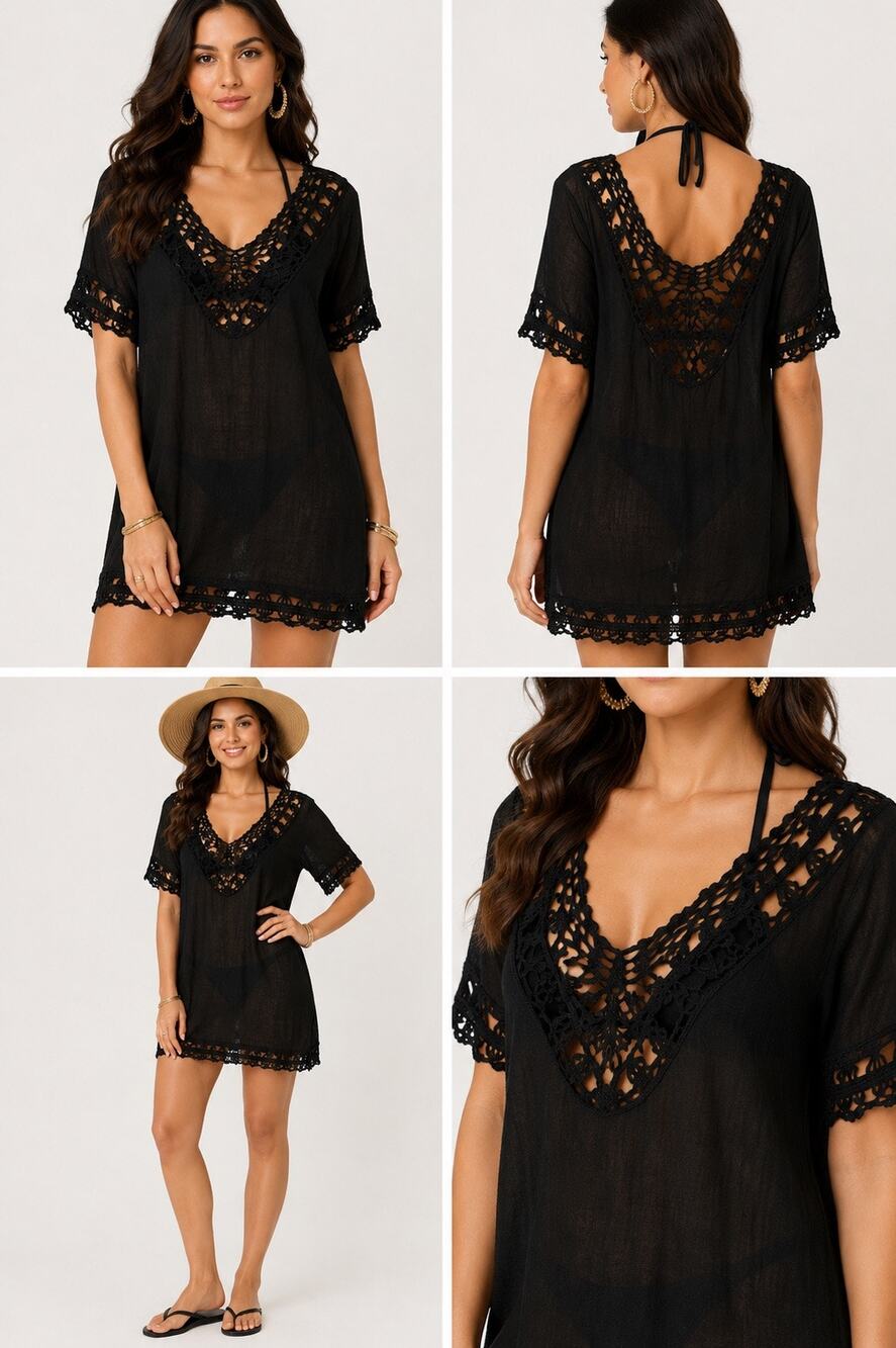India Boutiques Black Crochet Trim Boho Swim Cover-Up | One Size